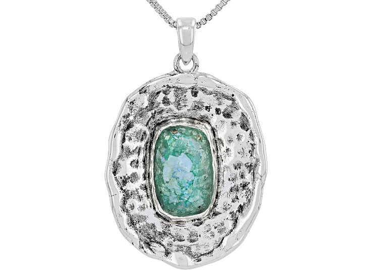Artisan Collection of Israelâ„¢21mm Round Roman Glass Sterling Silver Plated Pendant W/Chain