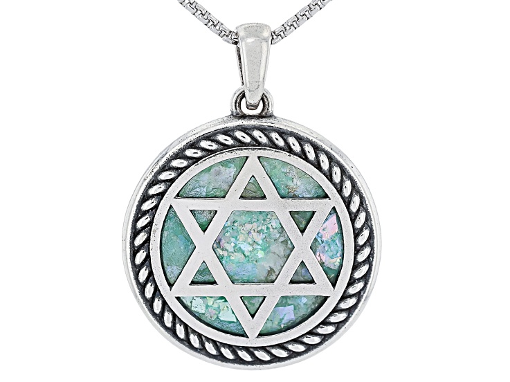 20mm Roman Glass Sterling Silver Star of David Pendant W/Chain