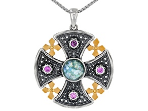 Artisan Collection of Israel™ Roman Glass/Lab Sapphire Two-Tone Jerusalem Cross Pend W/Chain .24ctw