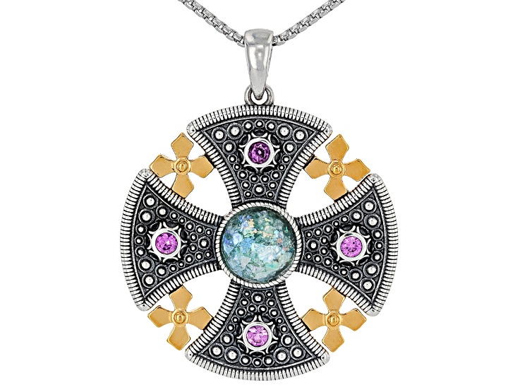 Artisan Collection of Israelâ„¢ Roman Glass/Lab Sapphire Two-Tone Jerusalem Cross Pend W/Chain.24ctw