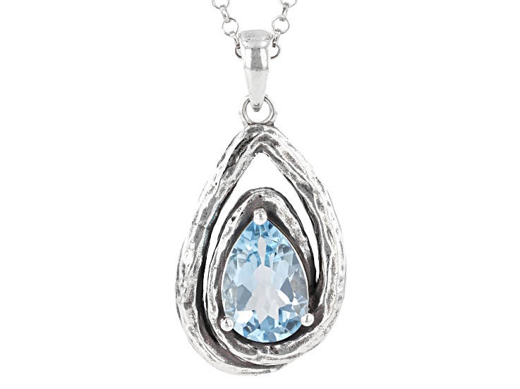 Artisan Collection of Israelâ„¢ Sky Blue Topaz Pear Sterling Silver Textured Pendant With Chain 2.00ct