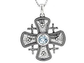 Swiss Blue Topaz Sterling Silver Jerusalem Cross Pendant With 18" Chain, 1.00ct