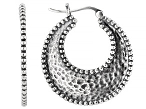 Sterling Silver Hammer Texture Hoop Earrings With Beaded Frame