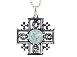Roman Glass Sterling Silver Jerusalem Cross Pendant With 18" Chain, 9mm