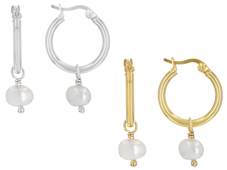 Sterling Silver and 14K Gold Over Sterling Silver Cultured Freshwater Pearl Earring Set, 7mm