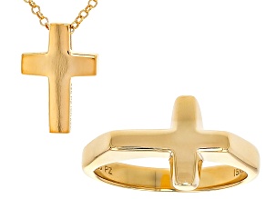 14K Gold Over Sterling Silver Cross Ring & Cross Pendant With 18" Chain