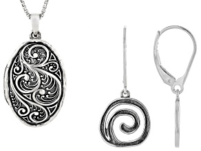 Anniversary Sterling Silver Locket Pendant W/ 18" Box Chain With Inscription & Spiral Earrings