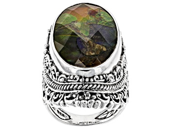 Picture of Multi-Color Mosaic Ammolite Triplet Silver Ring