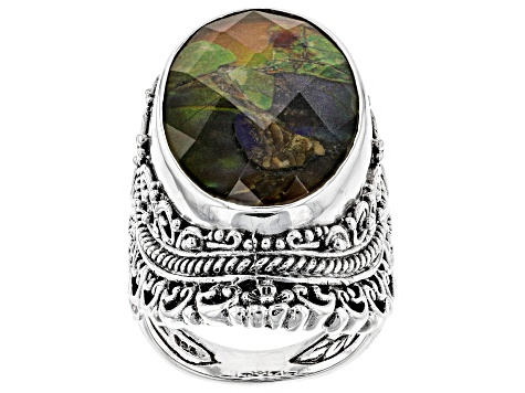 Multi-Color Mosaic Ammolite Triplet Silver Ring