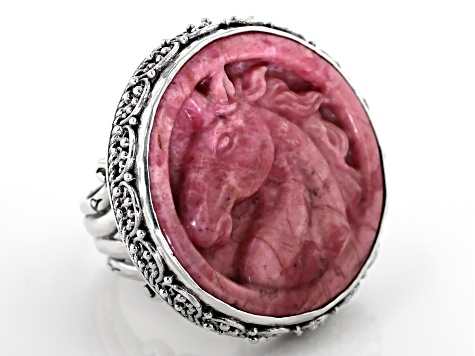 Pink Rhodonite Horse Silver Ring