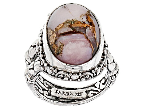 Pink Opal Mosaic Cabochon Silver Solitaire Ring