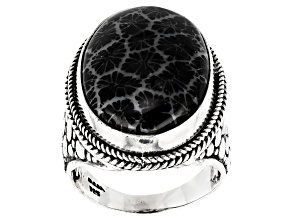 Black Indonesian Coral Cabochon Silver Solitaire Ring