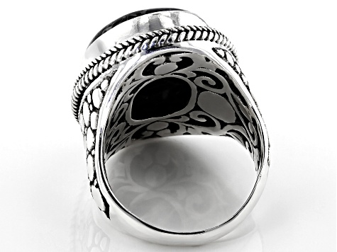 Black Indonesian Coral Cabochon Silver Solitaire Ring
