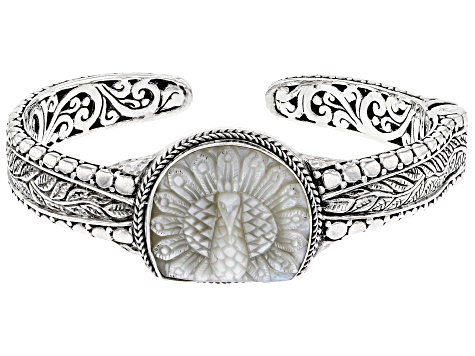 Carved White Mother-Of-Pearl Peacock Sterling Silver Bracelet