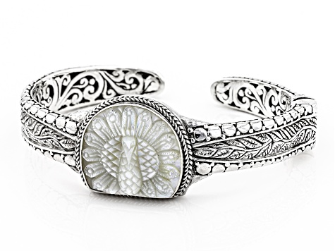 Carved White Mother-Of-Pearl Peacock Sterling Silver Bracelet