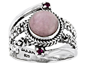 Pink Kunzite & Ruby Silver Frangipani Ring .02ctw