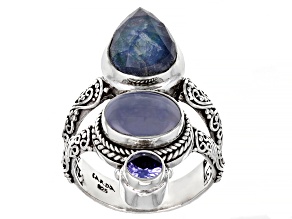 Sapphire Quartz Triplet, Chalcedony & Tanzanite Silver Ring 4.48ctw