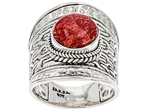 Red Sponge Coral Silver Solitaire Ring