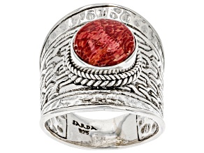 Red Sponge Coral Silver Solitaire Ring