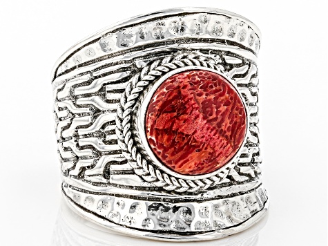 Red Sponge Coral Silver Solitaire Ring
