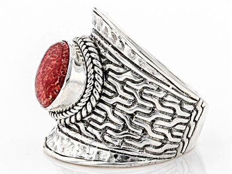 Red Sponge Coral Silver Solitaire Ring