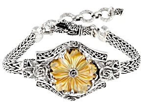 Yellow Carved Mother-of-Pearl Silver Flower Bracelet