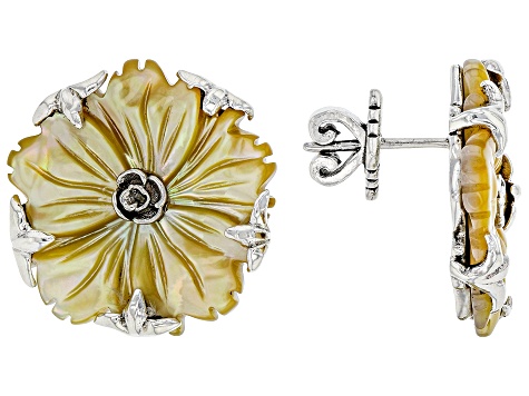 Yellow Carved Mother-of-Pearl Silver Flower Earrings