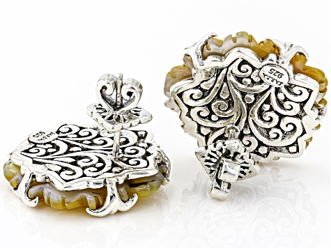 Yellow Carved Mother-of-Pearl Silver Flower Earrings