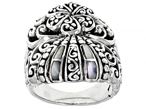 White Inlay Mother-of-Pearl Silver Clam Shell Ring