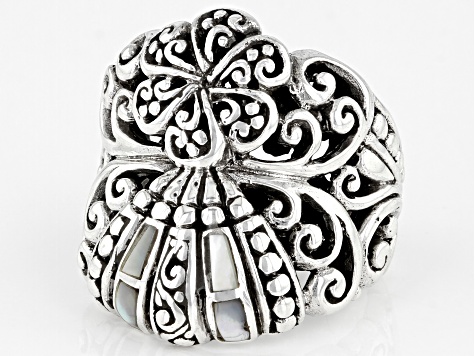 White Inlay Mother-of-Pearl Silver Clam Shell Ring