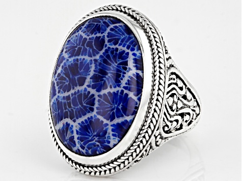 Navy Blue Indonesian Coral Silver Ring