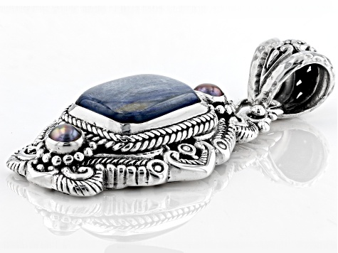 Blue Kyanite & Peacock Cultured Freshwater Pearl Silver Pendant