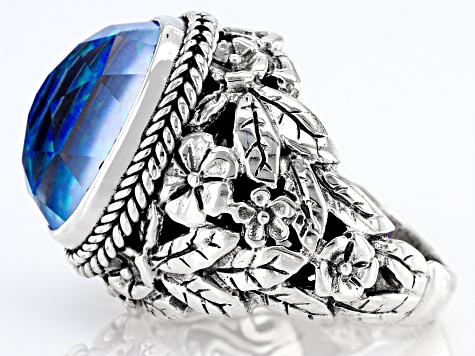 Lab Created Twilight Opal Quartz Doublet Silver Ring 8.93ct