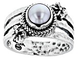 Cultured Freshwater Pearl Silver Frangipani Hammered Ring