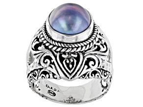 Blue Cultured Mabe Pearl Silver Tree of Life Ring