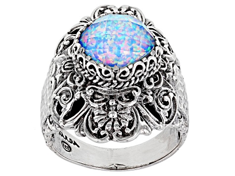 Multi-Color Lab Created Opal Quartz Doublet Silver Ring 3.15ct