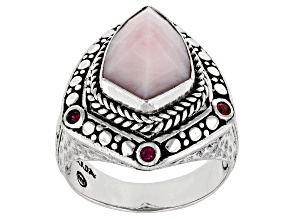 Pink Opal and Ruby Silver Watermark Ring .04ctw