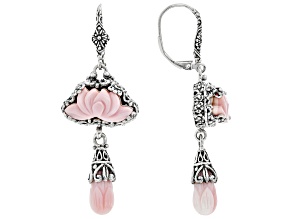Carved Pink Conch Shell Silver Lily Flower Earrings