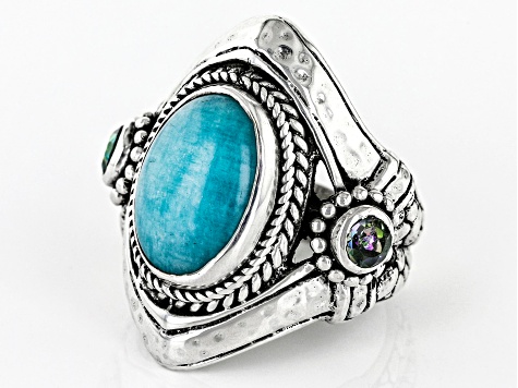 Blue Amazonite & Bali Crush™ Topaz Silver Ring .60ctw