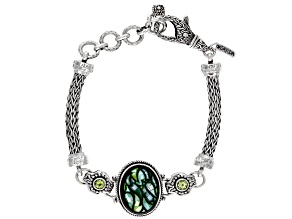 Green Leaf  Mosaic Mother-of-Pearl And Peridot Silver Bracelet .23ctw