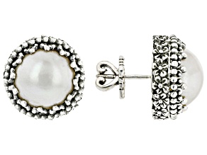 White Cultured Mabe Pearl Silver Frangipani Stud Earrings