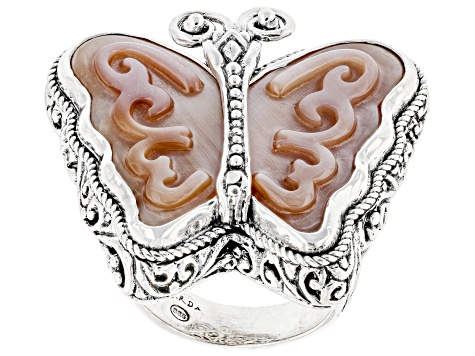 Pink Carved Mother-of-Pearl Silver Butterfly Ring