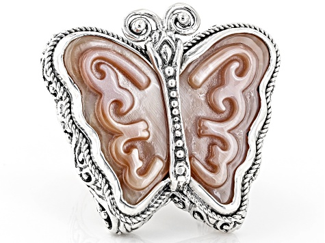 Pink Carved Mother-of-Pearl Silver Butterfly Ring