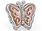 Pink Carved Mother-of-Pearl Silver Butterfly Ring