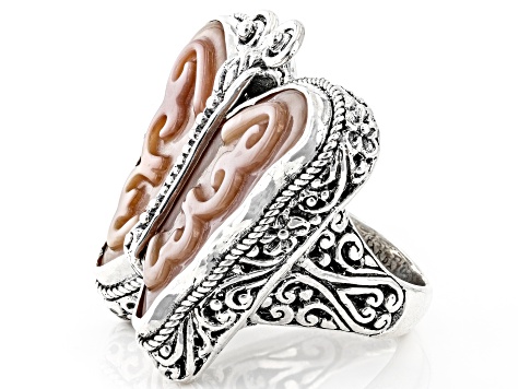 Pink Carved Mother-of-Pearl Silver Butterfly Ring