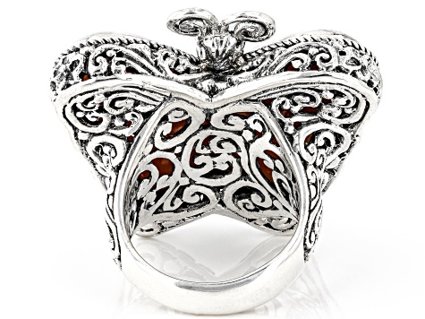 Pink Carved Mother-of-Pearl Silver Butterfly Ring