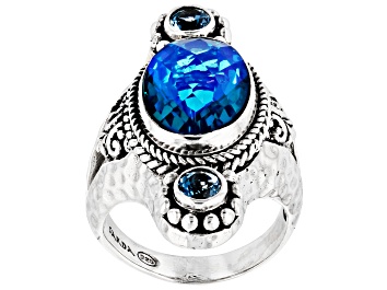 Picture of Rainbow Caribbean Quartz Triplet And Swiss Blue Topaz Silver Ring 7.34ctw
