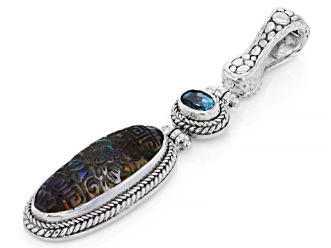 Green Crystal Abalone Doublet, Zircon Silver Enhancer Pendant 1.11ct