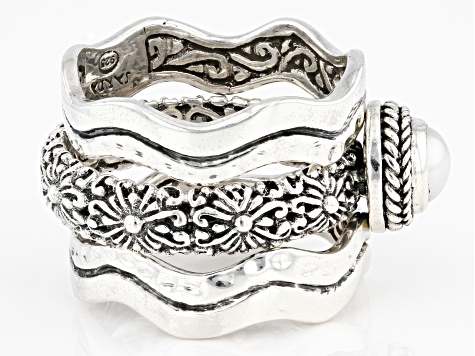 Cultured Freshwater Pearl Silver Stackable Set of 3 Rings