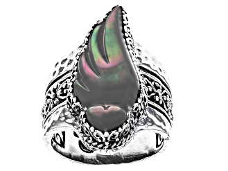 Black Carved Mother-Of-Pearl Angel Wing Silver Ring